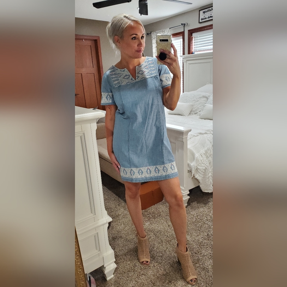 Madewell Embroidered Denim Chambray Dress Western Boho